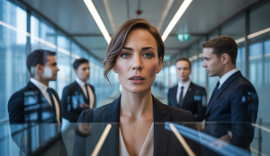 Une femme confiante s'exprimant avec assurance dans un environnement professionnel masculin
