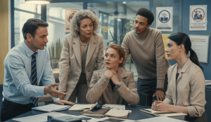 Illustration professionnelle montrant une équipe diverse discutant et gérant des comportements sexistes au travail avec un manager intervenant positivement