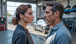 Femme confiante face à un comportement macho dans un contexte automobile